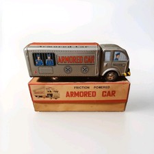 VTG 60s Tin Litho LTD Japan Friction Powered Armored Toy Car In Box Not Bank picture