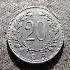 OLD COIN OF AUSTRIA-HUNGARY EMPIRE 20 HELLER 1918 WORLD WAR I ~ CHARLES I picture