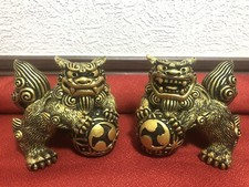 Shisa Okinawa Lion Figurine Dog Foo Guardian Set Pottery Gold H8cm Ornament picture