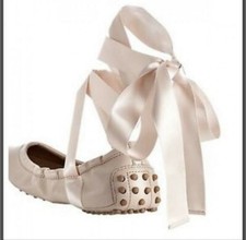 NIB Tod's ballerina pink leather LA-Scala flats w/ribbon collectible 36/5.5U.S picture