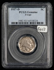 1937-D 5c Indian Head Buffalo Nickel- Three Legged 3 Legs - PCGS Genuine - B6153 picture