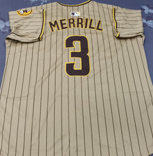 Jackson Merrill #3 Padres Tan Cool Base Sewn Stitched Jersey. picture