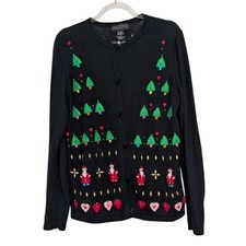 All Points Christmas Cardigan Womens Size Small Black Applique Santa Whimsical picture