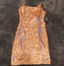 Lulus Rose Gold Sequin Mini Dress Size M Spaghetti Strap Lined Zip picture