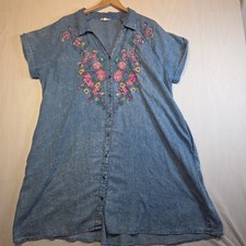 Oddi Women’s 3X Blue Chambray Floral Embroidered Button Shirt Dress Pockets picture