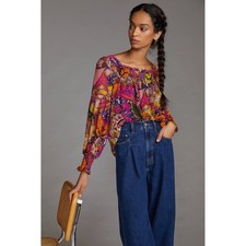 Alexandra Farmer Anthropologie Butterfly Floral Smocked Blouse Purple Orange M picture