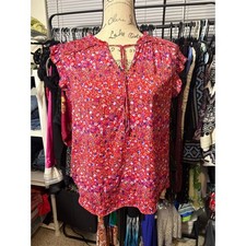 Adrienne Vittadini Womens Medium Red Floral Tie Neck Ruffle Flutter Sleeve Top picture