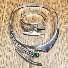 Vtg Miguel Pineda Taxco Mexico 950 Silver Malachite Necklace Bracelet Set 184g picture