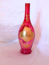 Antique Bohemian Harrach Enameled Floral Gold Jeweled Cranberry Glass Vase 9