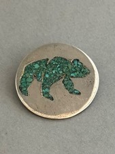 Vintage Apache Sterling Silver with Inlaid Turquoise Bear Pendant 1 1/2” picture