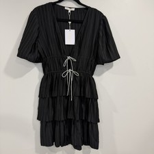 WAYF Thinking of You Pleated Satin V Neck Mini Black Dress Size S NWT picture