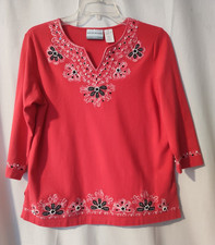 NWOT Alfred Dunner Women’s Petite PS Pink Floral V-Neck Embroidered 3/4 Knit Top picture