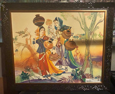 Vintage Indian Art Print Signed Nageen Women Carrying Water Pots Framed Decor  picture