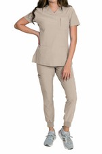 Medgear Women's Stretch Scrub Set - Zip Pocket Top & Knit Rib Cuff Jogger Pants picture