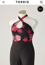 Torrid - Retro Chic Foxy Twist Neck Halter Top - Rose Floral Black - 1X - NWT picture