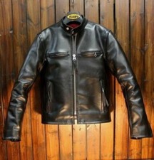 Men 1930s Black Pure Cowhide Leather Bomber Jacket Vintage Cafe Racer Coat picture