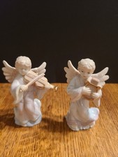 Set of 2 Herco Gift Professional Porcelain Angels Musical Violin & Lyre Harp picture