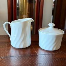 Corning Ware White Swirl Creamer Pitcher & Sugar Bowl 81-TY Microwavable VTG picture