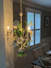 Vintage French Painted Toleware Daisy Chandelier Yellow Green picture