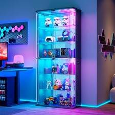 6-Tier Rounded Display Cabinet with Glass Doors and RGB Lights for Collectibles picture