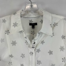 Talbots White Cotton Button Down Shirt Silver Snowflake Print Small NWT picture