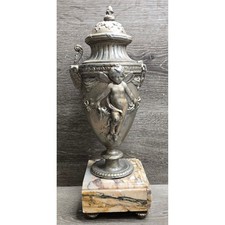 Antique Cherub Putti Metal Urn Marble Base Ornate Neoclassical French Sculpture picture
