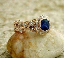 2.00 Ct Cushion Cut Natural Sapphire & Diamond Wedding Ring 14K Yellow Gold picture