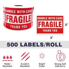 Fragile Stickers 1 Roll 500 2x3 Fragile Label Sticker Handle With Care Mailing picture