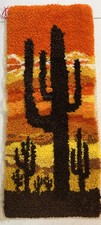 Vintage 1970s Yellow Orange Latch Hook Rug Wall Hanging Saguaro Cactus Succulent picture