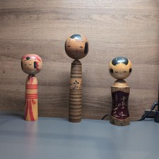 Vintage Japanese Kokeshi Doll Set of 3 Hand Painted Signed Collectible 15+ picture