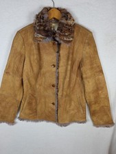 Cache Women's Patchwork Leather Fur Collar Fur Lining Jacket Brown Size L Large  picture