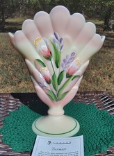 Fenton Burmese Glass Fan Plume Vase Museum Collection 2004 Hand Painted 8