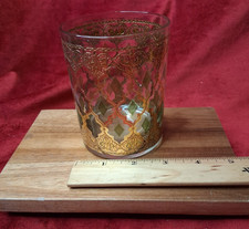 Vintage Culver Valencia Whiskey Glass 22K Gold Green Diamond Lowball MCM picture
