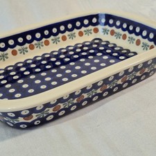 VTG Boleslawiec Polish Pottery Peacock Eye Baker Serving Dish 11x8