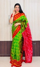 Khandua Silk Pata Saree Handloom Ikat Odisha Traditional Sari Women Green Pink picture