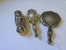 RARE ORNATE Antique STERLING SILVER 3 Piece Vanity Set - 2 Brushes + Mirror  picture
