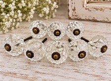 8 Clear Glass Ornate Hobnail Faceted Knob Dresser Cabinet Pulls VTG Hollywood RG picture