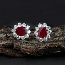2.20Ct Oval Natural Ruby & Diamond Beautiful Halo Stud Earrings 14k White Gold picture