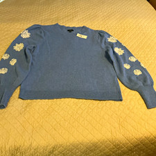 Talbots Petites PM Blue Crew Neck Sweater Snowflake Embroidered Sleeves picture