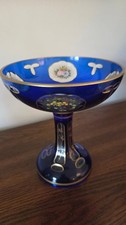 ANTIQUE MOSER BOHEMIAN COBALT BLUE OVERLAY CUT CLEAR GILT GOLD ART GLASS DISH picture