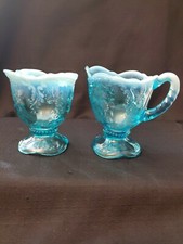 Northwood Leaf & Flower Intaglio Blue Opalescent Sugar Bowl & Creamer Set picture