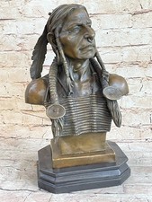 Native American Art Indian Chief Headdress Bronze Bust Sculpture Statue 20 lbs picture