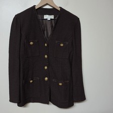 St. John Collection Marie Gray Brown Knit Blazer Jacket Gold Button Womens Sz 2 picture