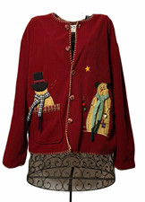 Take Two Clothing Co. Red Embroidered Snowman Button-Front Rib Knit Cardigan M picture