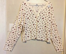 Womens Blouse XXL Cream Floral Crop V-Neck Shirt Top Ribbed Long Sleeve picture