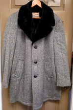 VINTAGE Land-N-Lakes 60s Car Coat XL Black Herringbone Faux Fur Jacket USA 70s picture