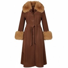 VTG 1970s Unbranded Penny Lane Style Brown Suede Coat Fur Collar Medium EUC picture