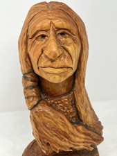 Vtg. Hand Carved Wood OOAK Native American Indian Figure Unpainted 12” Signed SP picture