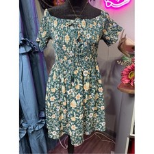 Shyanne Western Mini Dress Large Green Floral Smocked Lace Up Boho picture