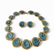 Vintage Etruscan Style Matte Goldtone Blue Enamel Round Necklace Earrings Set picture